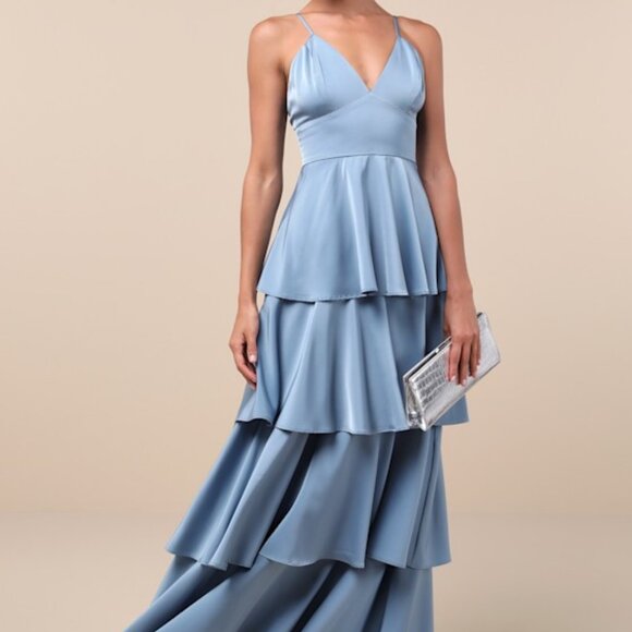 Lulus Going With Elegance Slate Blue Satin Tiered Gown - Size XS